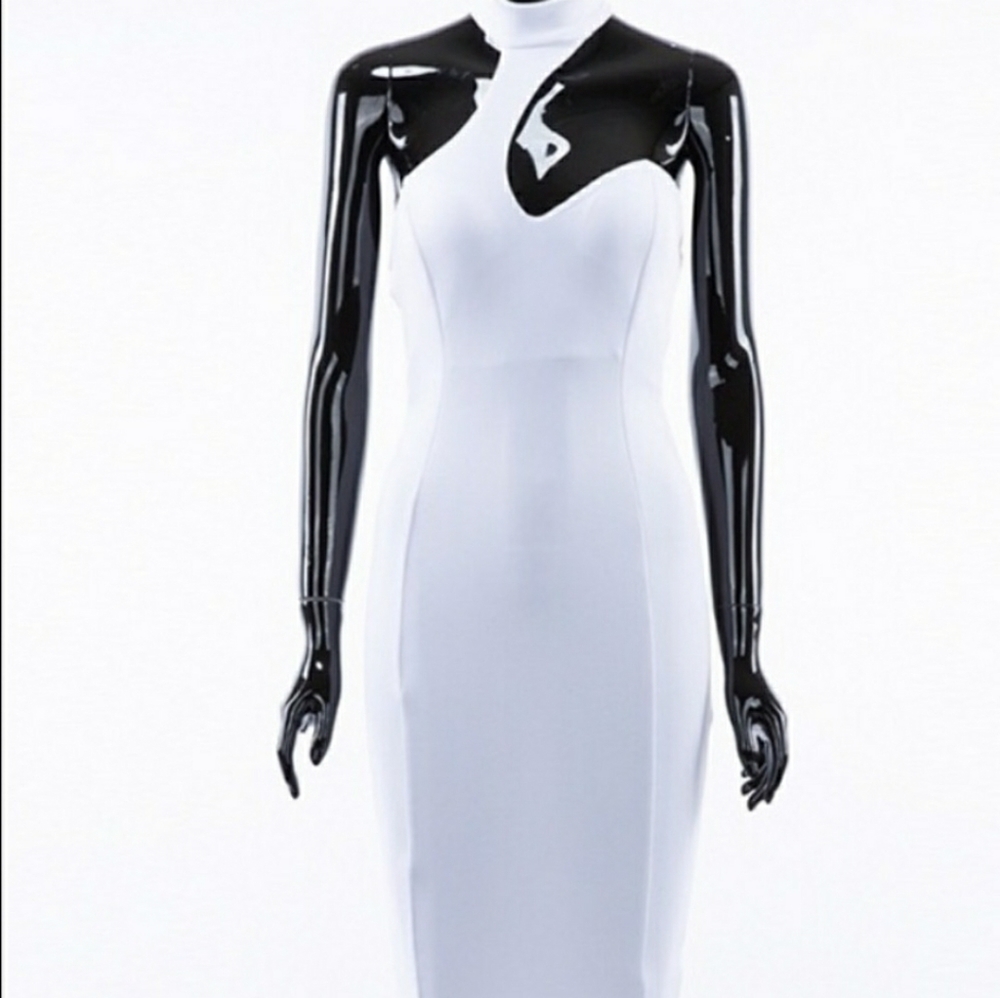 White cutout mock neck dress